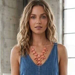 Bib Necklace Statement Chunky Boho Retro Peach Coral Cabochon Maximalist Bold